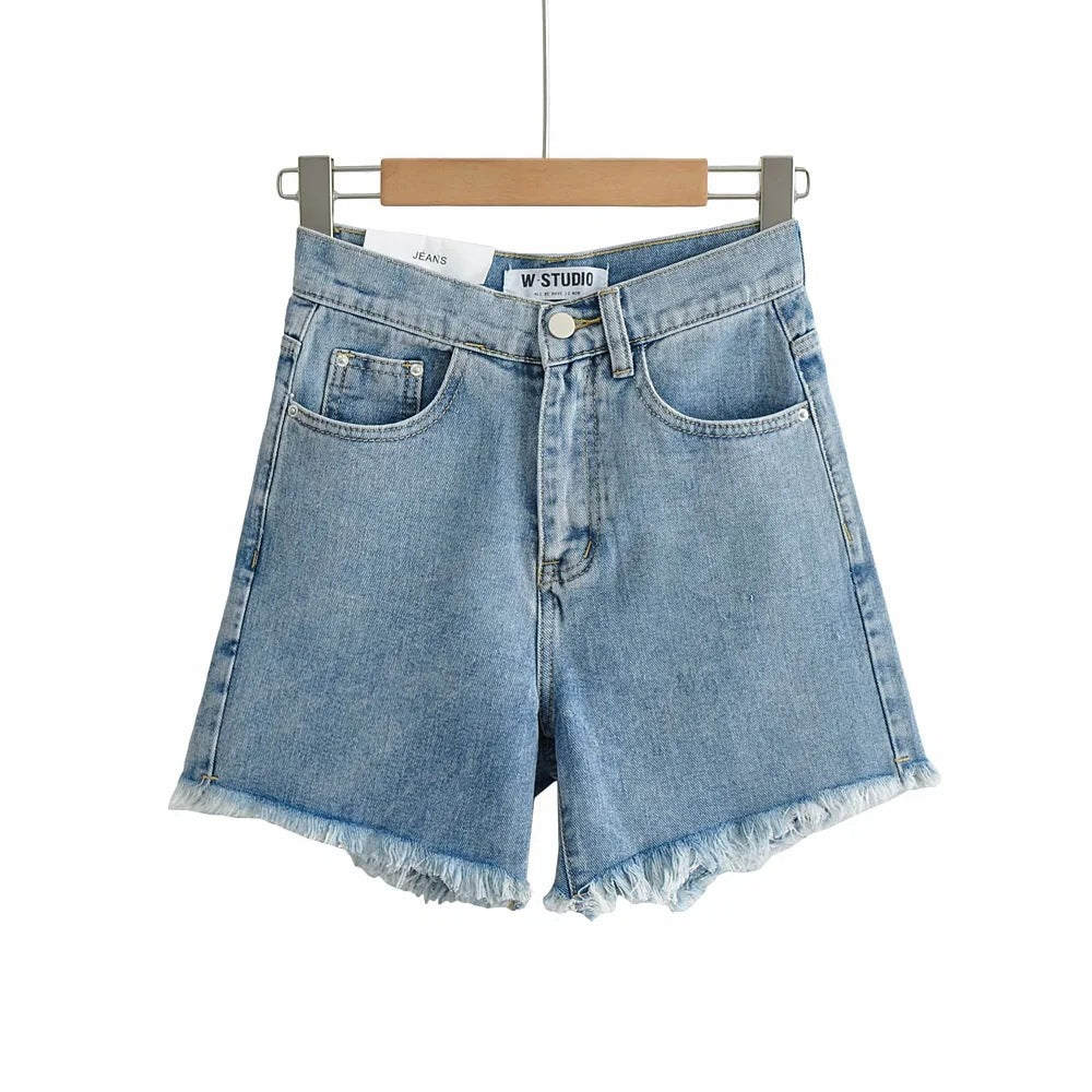 High Waist Slimming Frayed Hand Frayed Denim Shorts