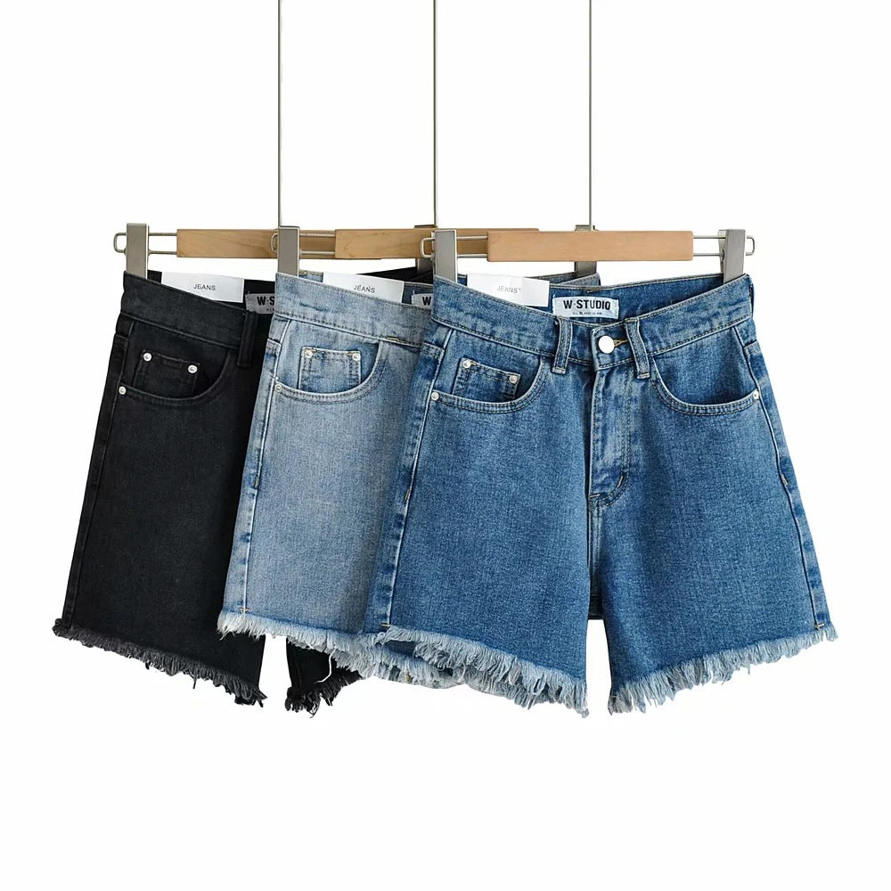 High Waist Slimming Frayed Hand Frayed Denim Shorts