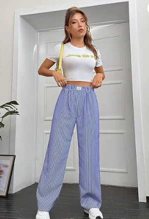 Striped Printed Women's High Waist Straight Wide Leg Pants