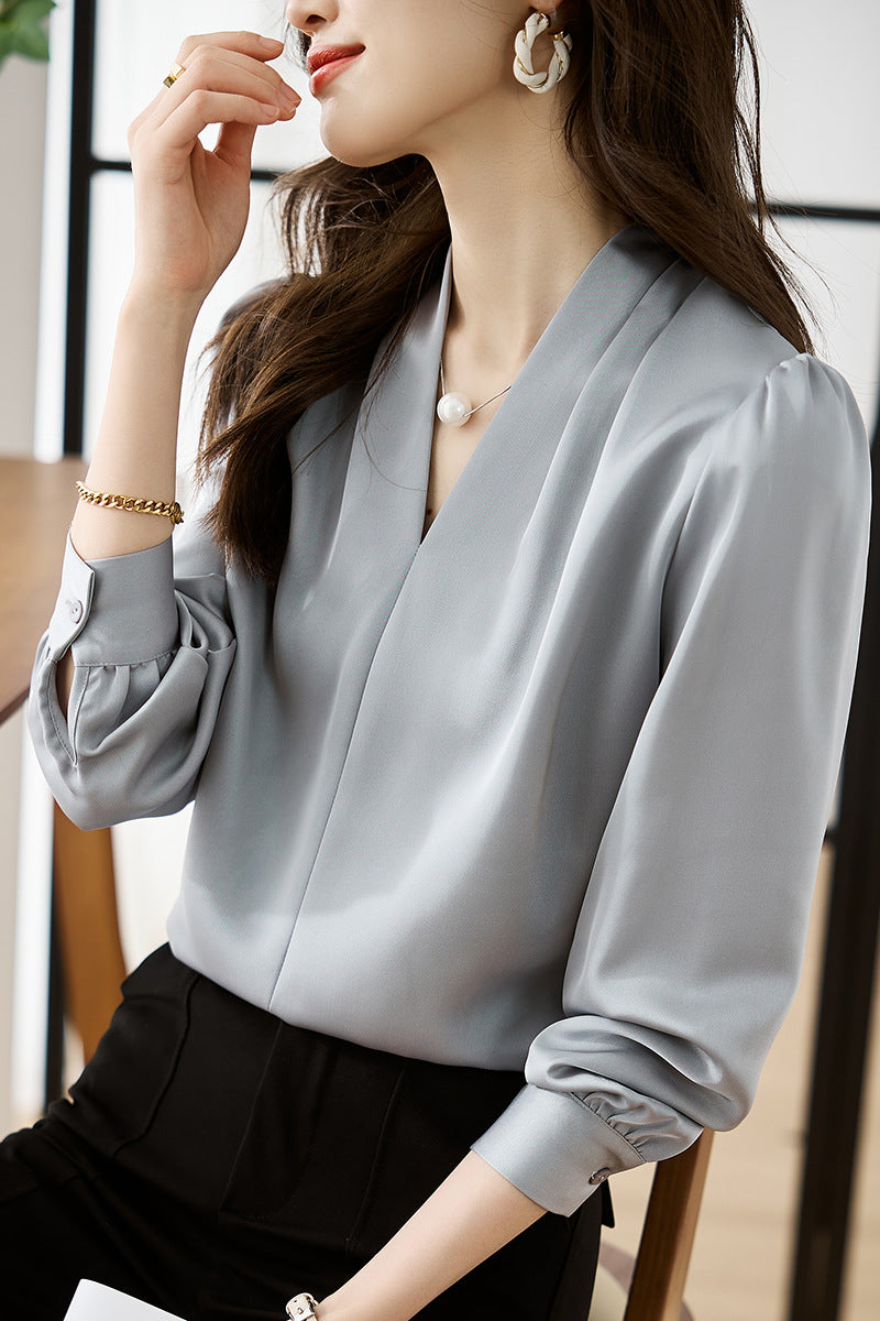 V-neck Lightly Mature Commuter Satin Chiffon Blouse Top