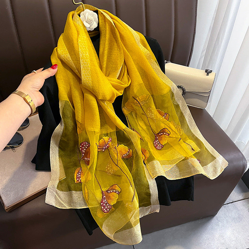 Chinese Style Pearl Flower Scarf Women's Embroidered Silk Scarf Warm Shawl