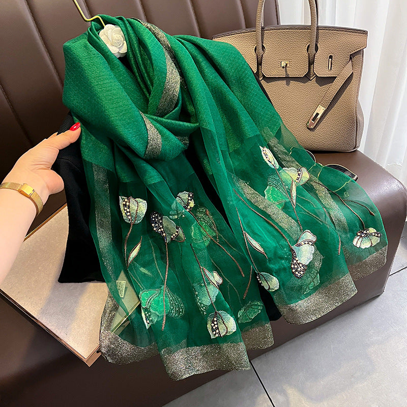 Chinese Style Pearl Flower Scarf Women's Embroidered Silk Scarf Warm Shawl