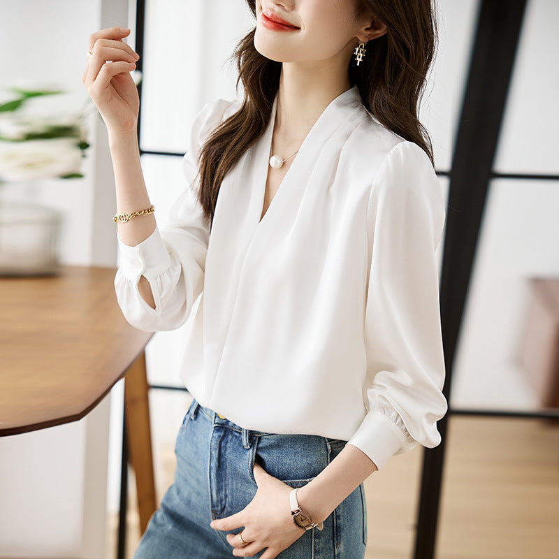 V-neck Lightly Mature Commuter Satin Chiffon Blouse Top