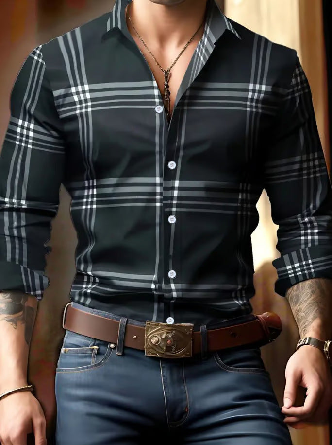 3D Digital Printing Striped Plaid Men's Long Sleeve Shirt