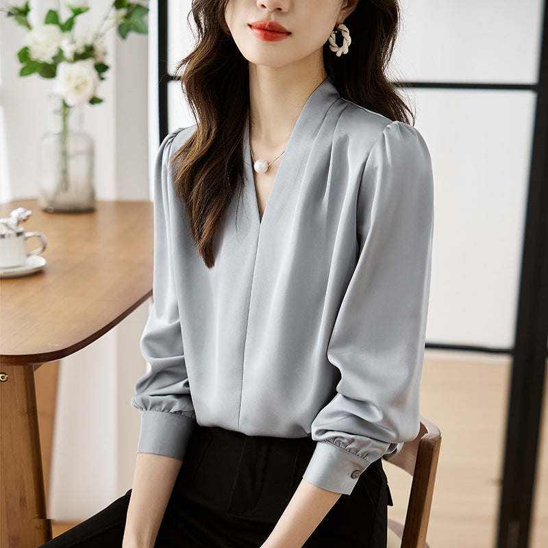 V-neck Lightly Mature Commuter Satin Chiffon Blouse Top