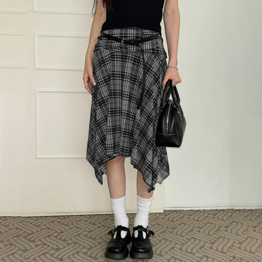 College Style Plaid Contrast Color Irregular Skirt