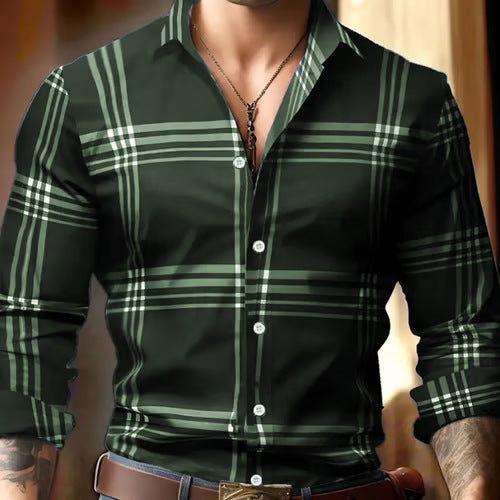 3D Digital Printing Striped Plaid Men's Long Sleeve Shirt