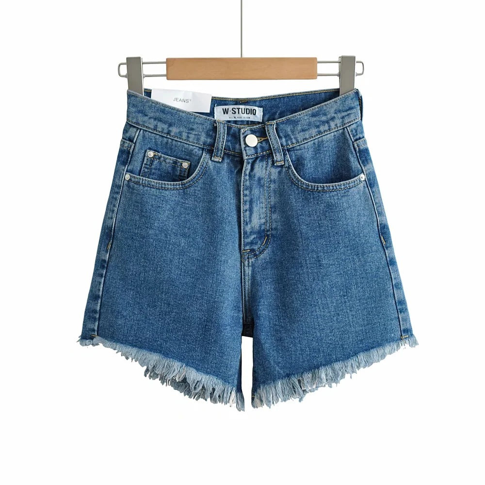 High Waist Slimming Frayed Hand Frayed Denim Shorts