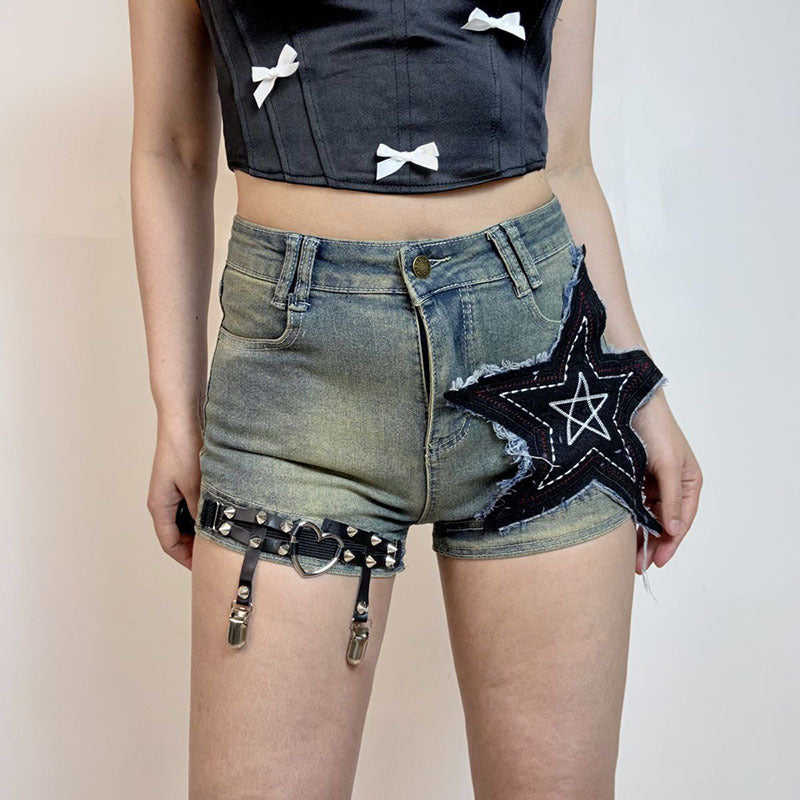 American Retro Denim Shorts Women's XINGX Patch Skinny Slimming Hot Girl Y2g Punk Hot Pants