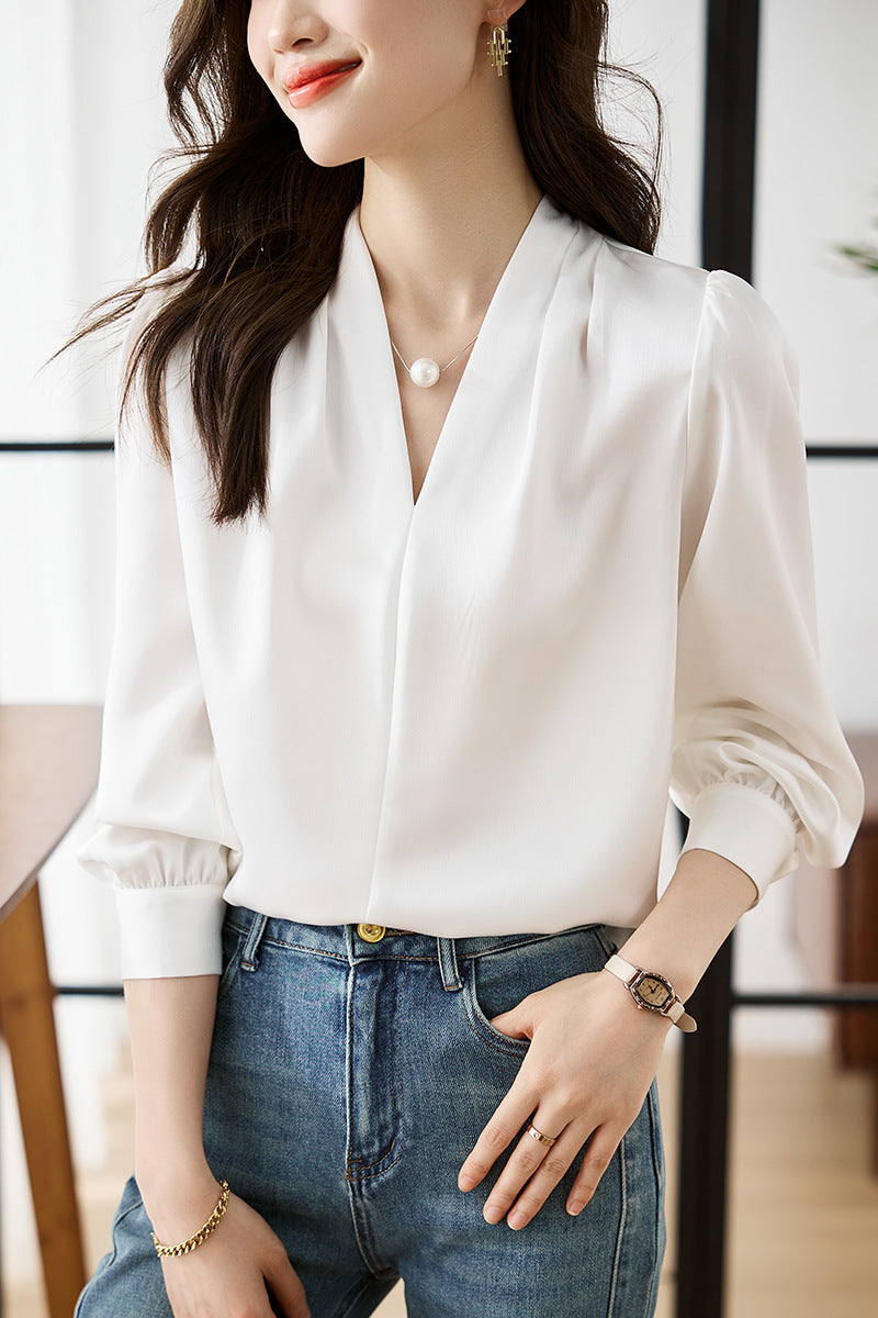 V-neck Lightly Mature Commuter Satin Chiffon Blouse Top