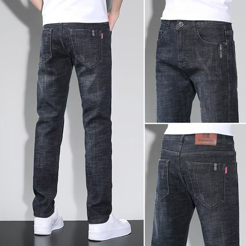 Spring And Autumn Washed Blue Jeans Men's Trendy Slim Trousers