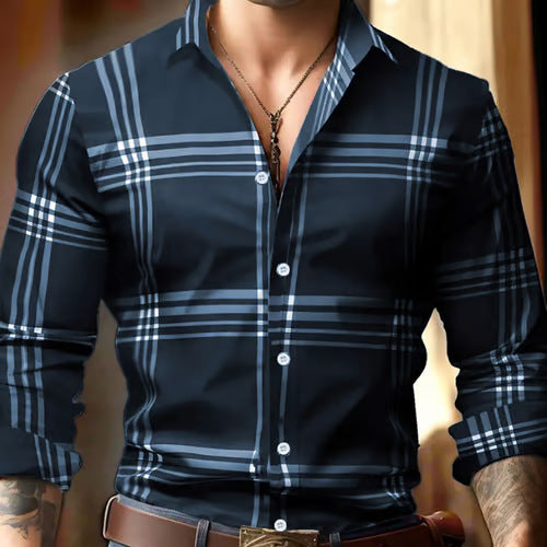 3D Digital Printing Striped Plaid Men's Long Sleeve Shirt