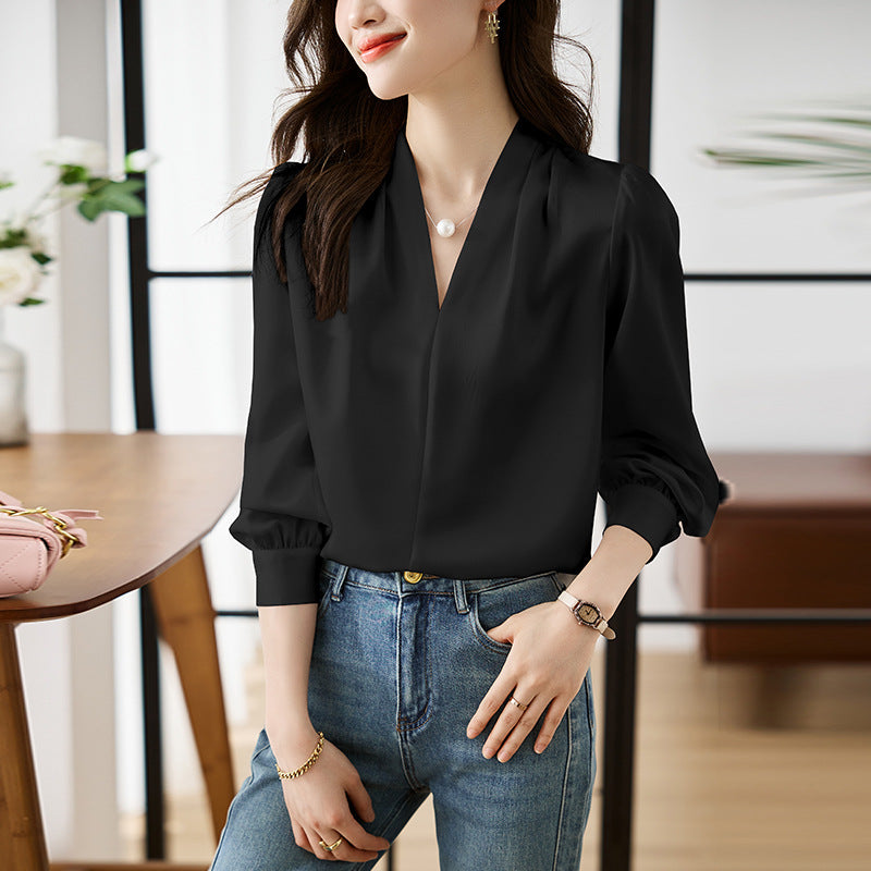 V-neck Lightly Mature Commuter Satin Chiffon Blouse Top