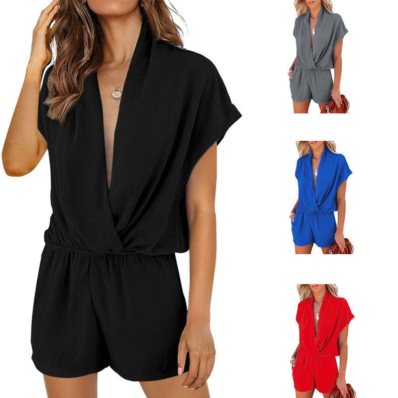 Women's Solid Color And V-neck Slimming Jumpsuit