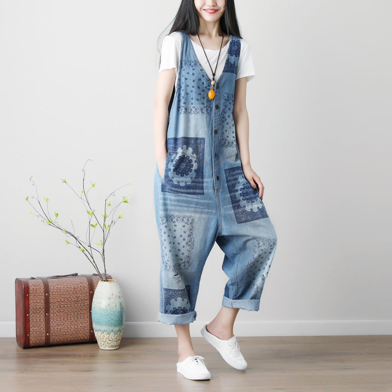 Sleeveless Washed Printed Plus Size Ripped Denim Suspender Pants