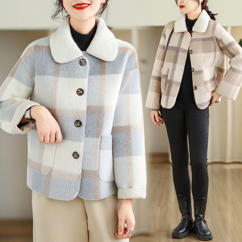 Plaid Fur Integrated Woolen Mink Velvet Coat