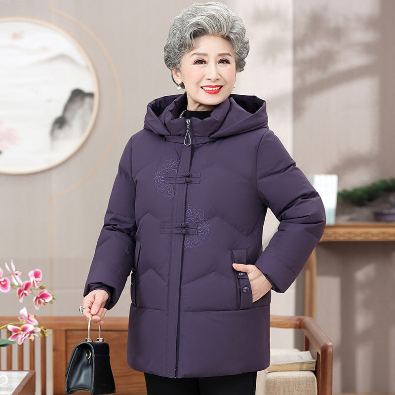 Middle-aged And Elderly Women's Dress White Duck Down Loose Warm Hooded Jacket