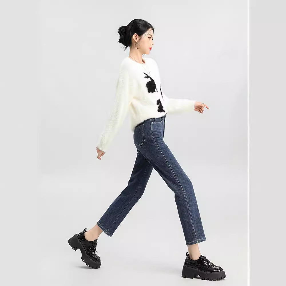 Fleece-lined Thick Cropped Jeans For Women