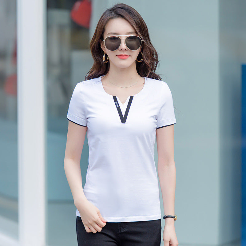 Early Spring And Summer Short-sleeved Undershirt V-neck Patchwork Fashion