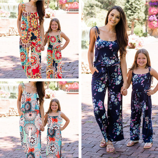 Printed suspender jumpsuit parent-child suit