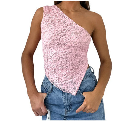 Ins Lace Backless Top Summer Solid Color Waistless Asymmetrical Sloped Neck Vest Streetwear Womens Clothes