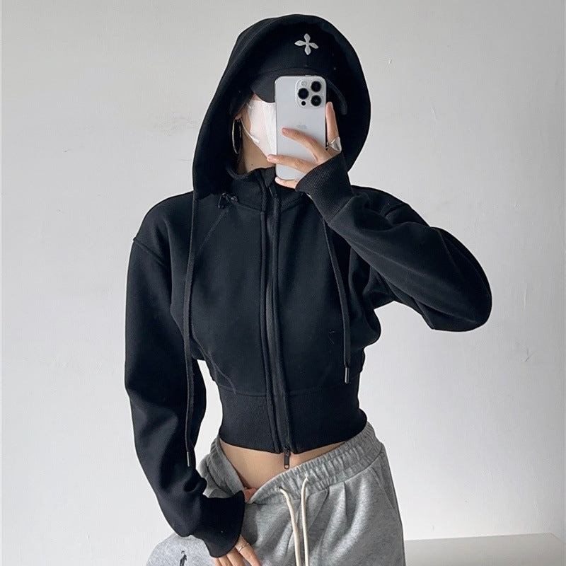 European And American Style Fleece-lined Waist Stand Collar Detachable Hooded Zipper Sweatshirt