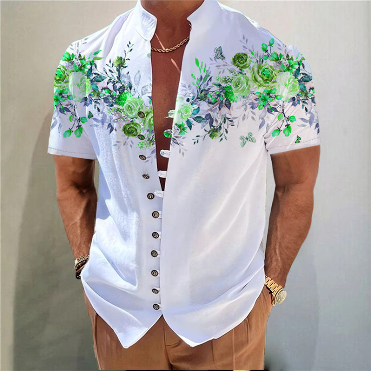 Men's Printed Stand Collar Short Sleeve Button Shirt