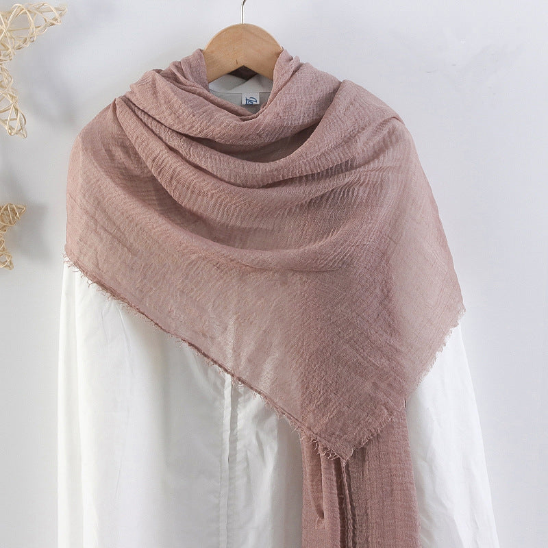 Solid Color Pleated Cotton And Linen Scarf Monochrome Women's Hair Towel Crumpled Burrs