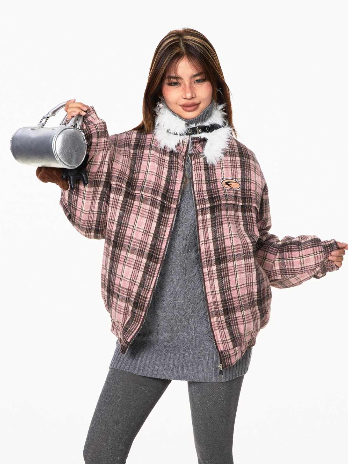 Retro Plaid Fur Collar Age-reducing Gray Loose All-match Design Cotton-padded Coat