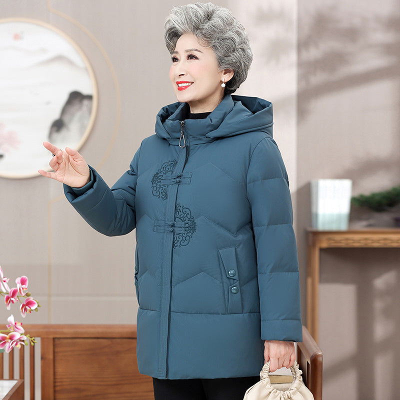 Middle-aged And Elderly Women's Dress White Duck Down Loose Warm Hooded Jacket