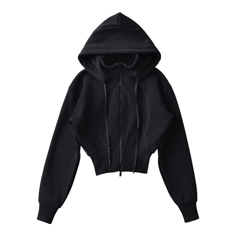 European And American Style Fleece-lined Waist Stand Collar Detachable Hooded Zipper Sweatshirt