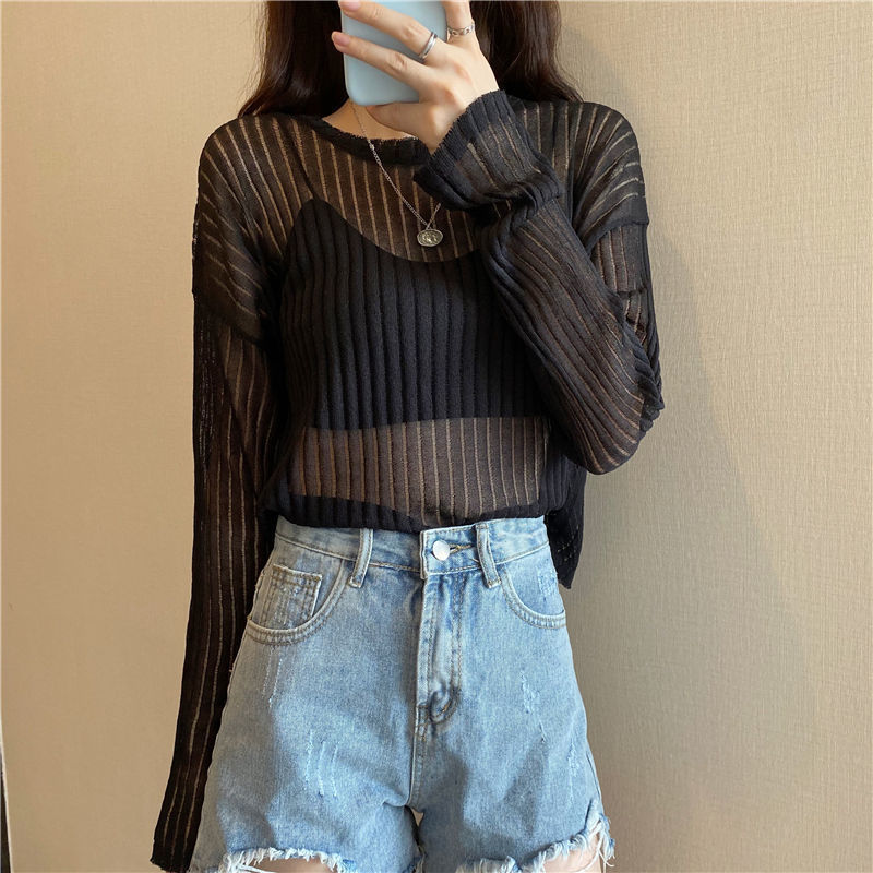 Korean Style Loose Thin Long Sleeved Hollow Knit Sweater Women