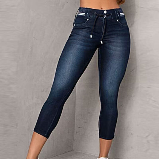 Striped Stitching Drawstring Tight Hip Raise Skinny Denim Ankle-length Pants