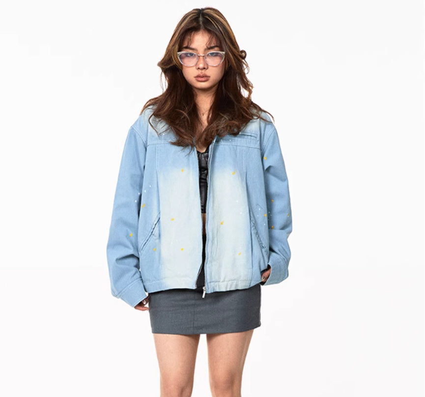 Splash Ink Color Effect Collar Washed Denim Jacket Coat