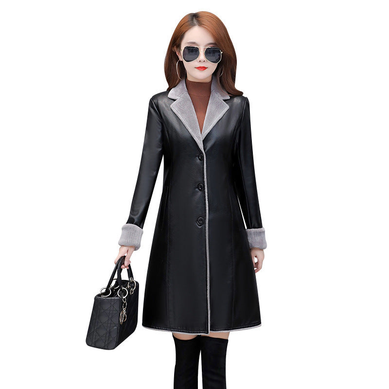 Thin Plus Velvet Thick Pu Leather Trench Coat