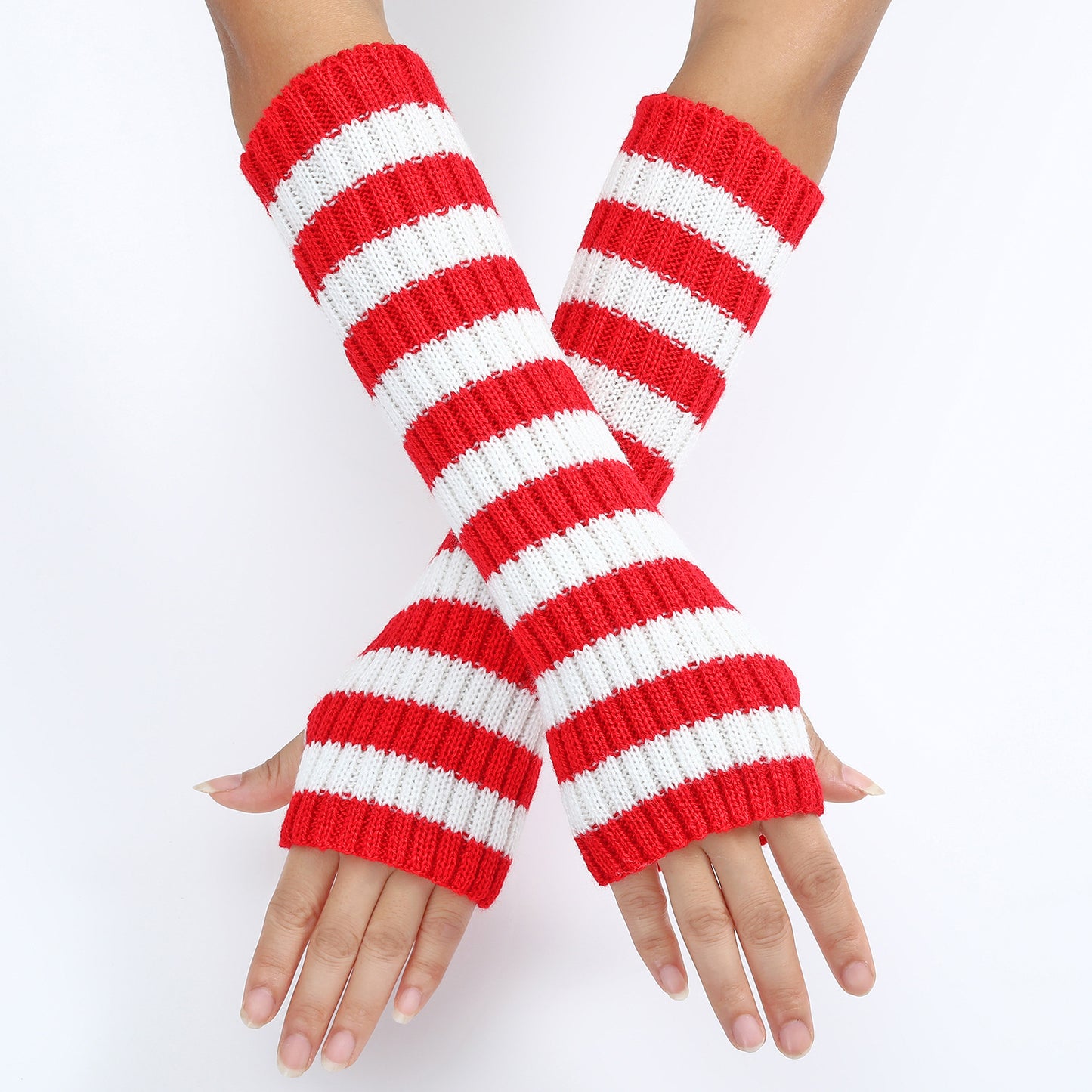 Warm Fashionable Knitted Long Mixed Color Stripe Knitting Wool Gloves