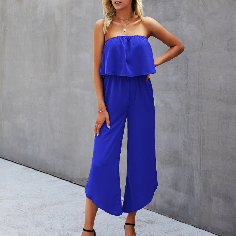 Solid Off-shoulder Straight-leg Pants Jumpsuit