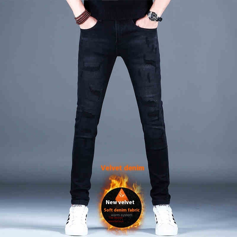 Ripped Fleece Padded Jeans Men's Stretch Casual Slim-fit Pants