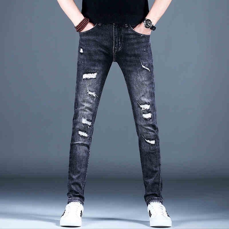 Ripped Fleece Padded Jeans Men's Stretch Casual Slim-fit Pants