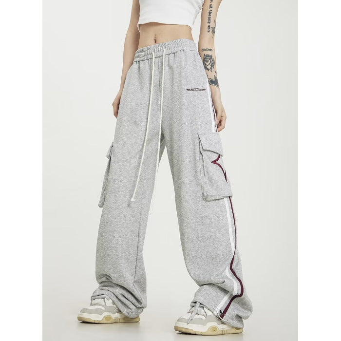 Embroidered Striped Cotton Cover Silk Sweatpants Men And Women Loose