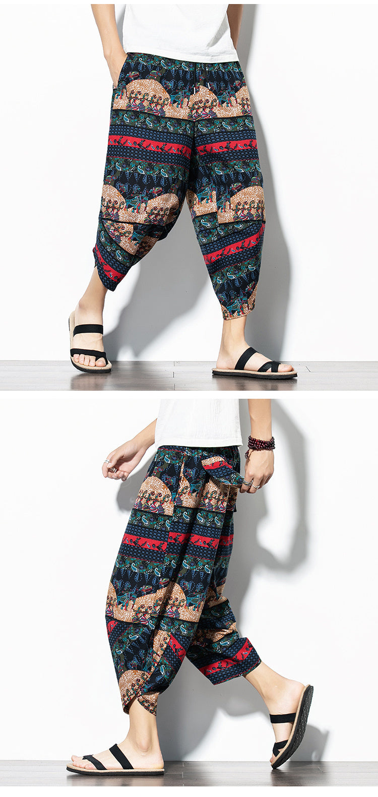 Printed Pants Baggy Cotton And Linen Loose Casual Cropped Pants