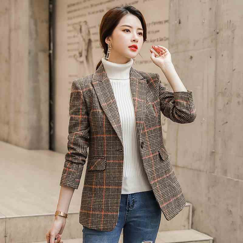 Plaid Suit Women's Waist Trimming Casual Coat