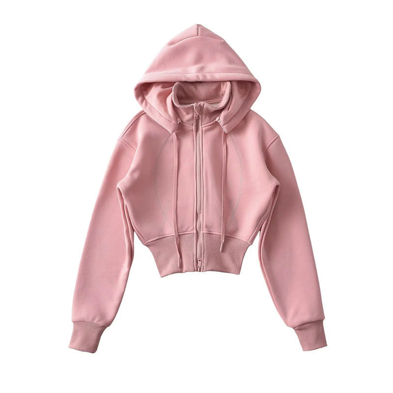 European And American Style Fleece-lined Waist Stand Collar Detachable Hooded Zipper Sweatshirt