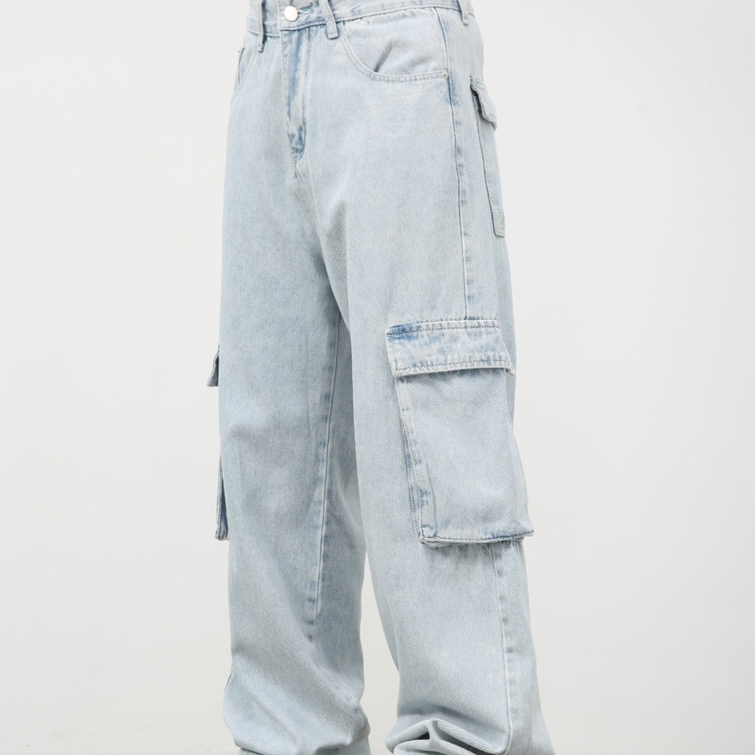 Retro Washed Light Blue Cargo Jeans Male