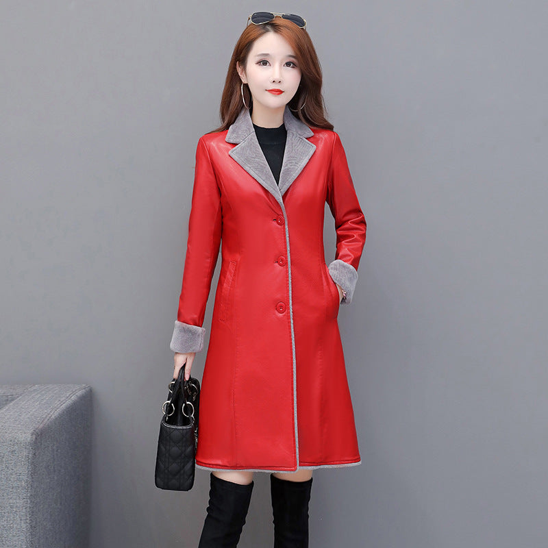 Thin Plus Velvet Thick Pu Leather Trench Coat