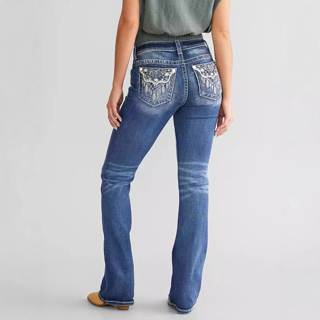 Women's Embroidery Denim Bootcut Trousers Fashion