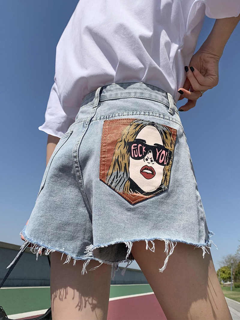 Women's Printed Plus Size Loose High Waist Ripped Denim Shorts