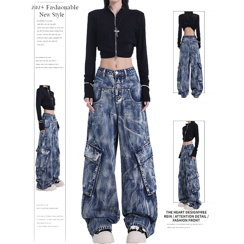 Retro Heavy Industry Washed Tie-dyed Jeans Straight Wide Leg Overalls