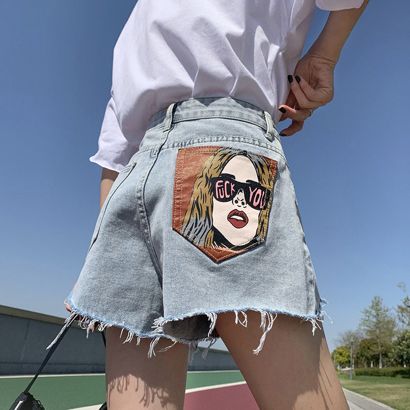 Women's Printed Plus Size Loose High Waist Ripped Denim Shorts