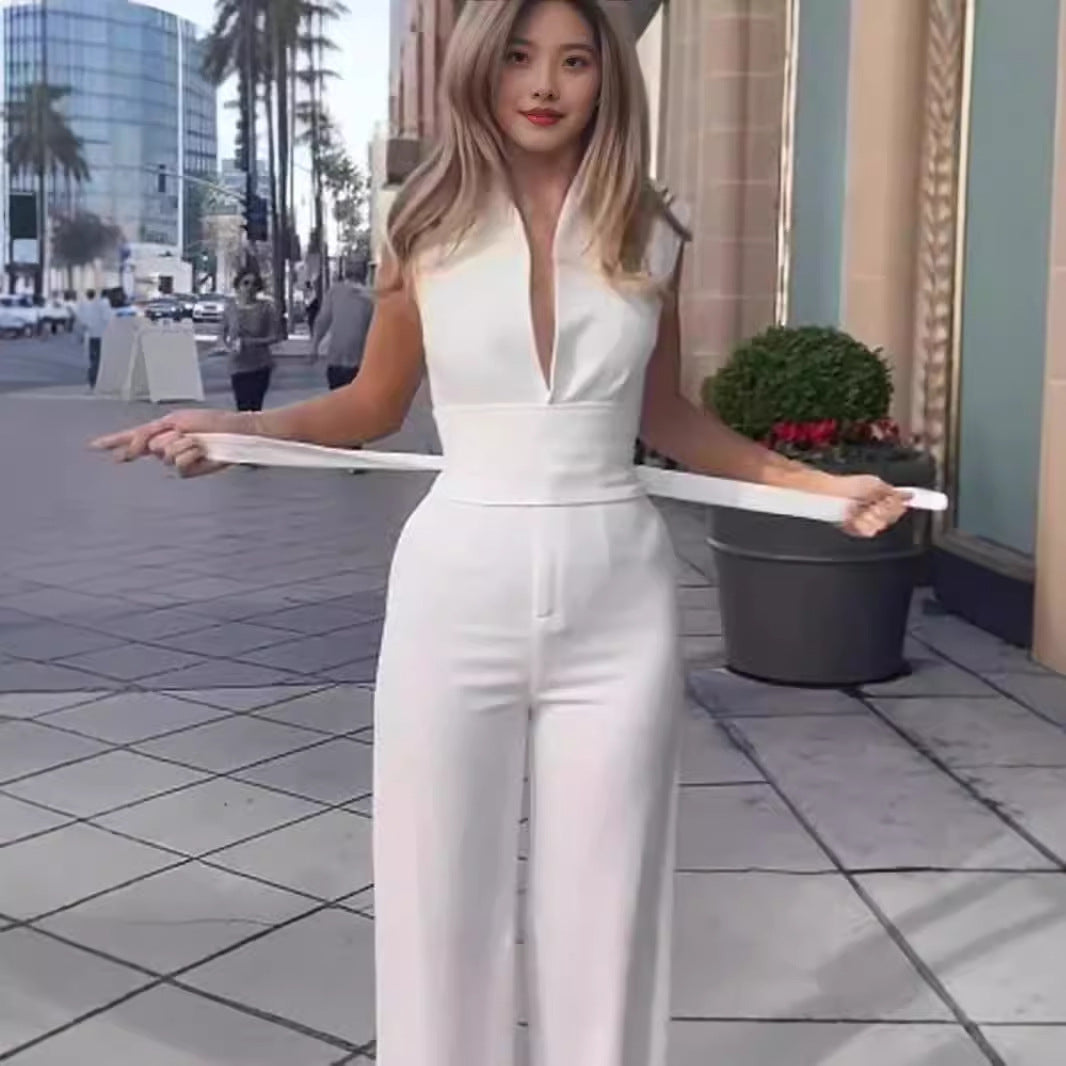 Solid Color Low Neck Sleeveless Tight Jumpsuit